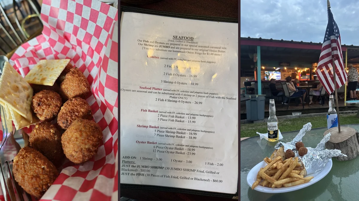 Casual seafood plates on a simple restaurant table.