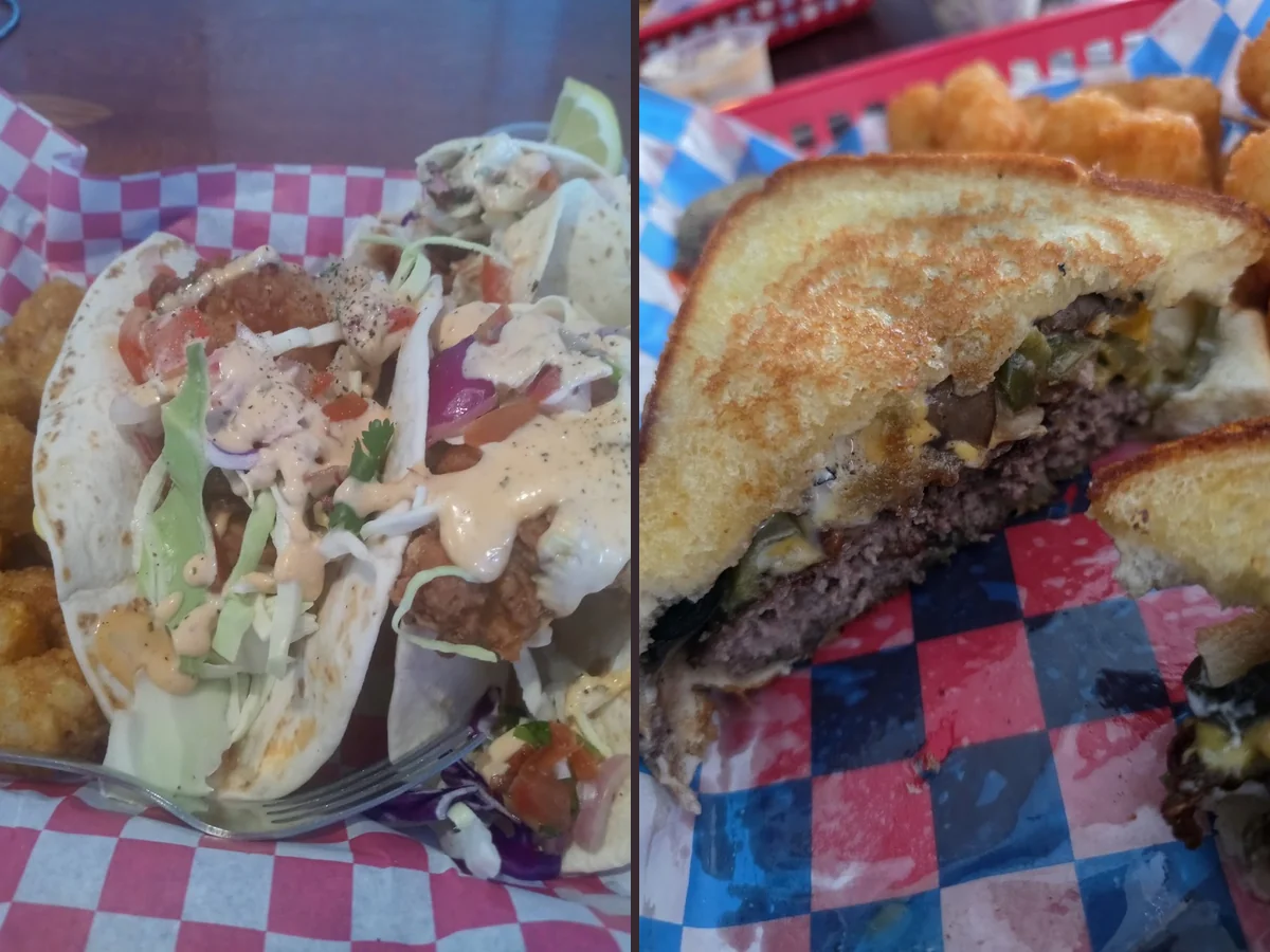 Hamburger and seafood restaurant with a relaxed dockside feel.