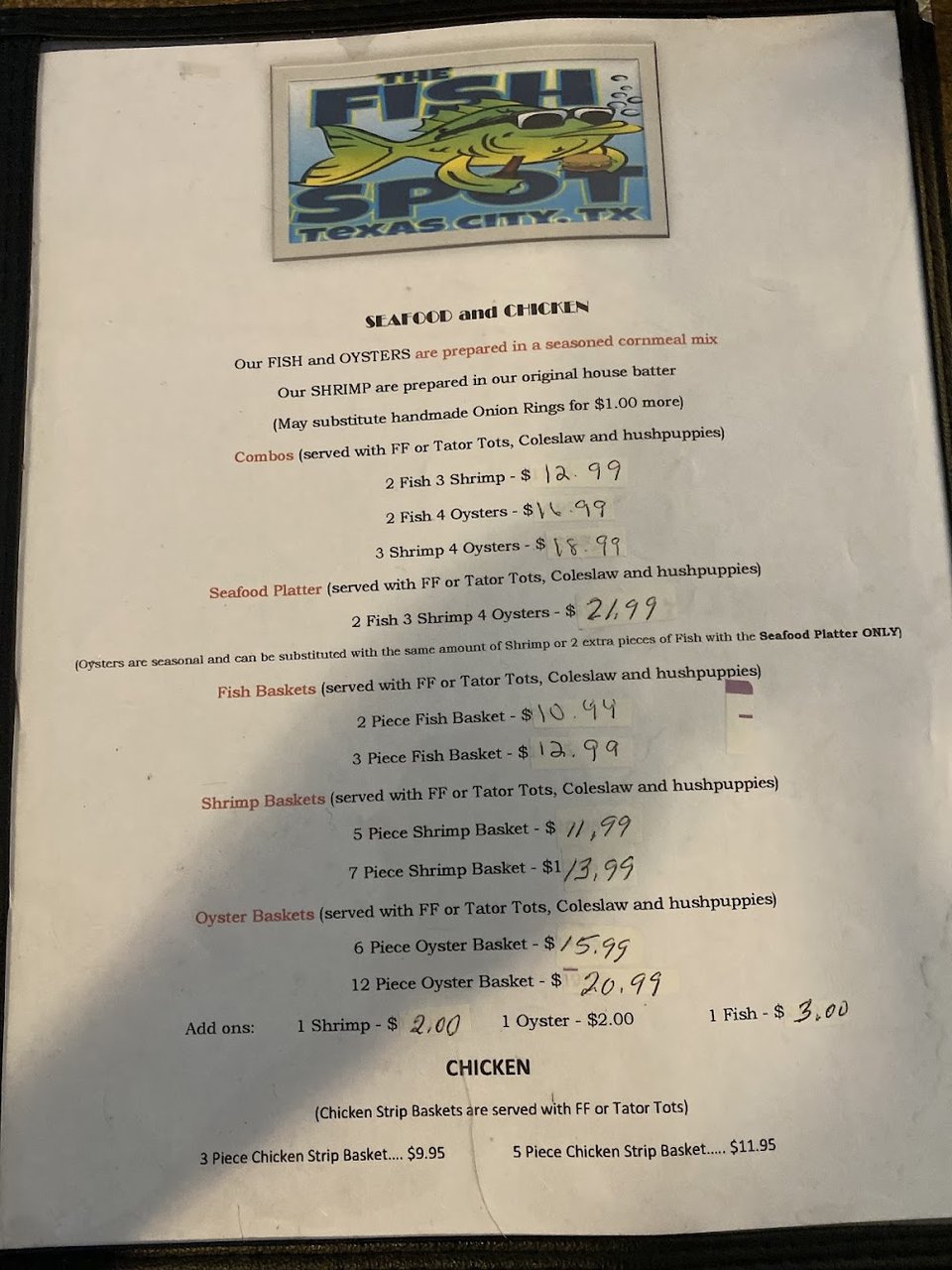 Simple menu board for casual seafood and burger meals.