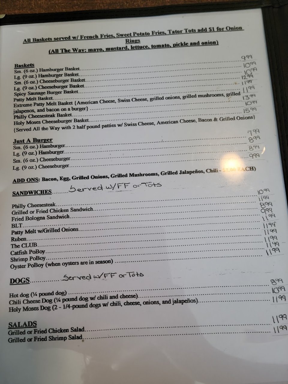 Menu page showing sandwiches and seafood combinations.