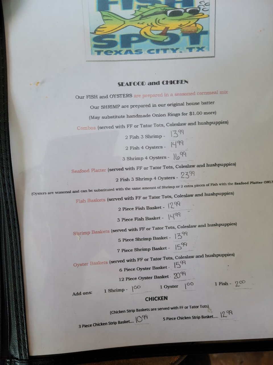 Printed menu with whiting, flounder, and shrimp options.